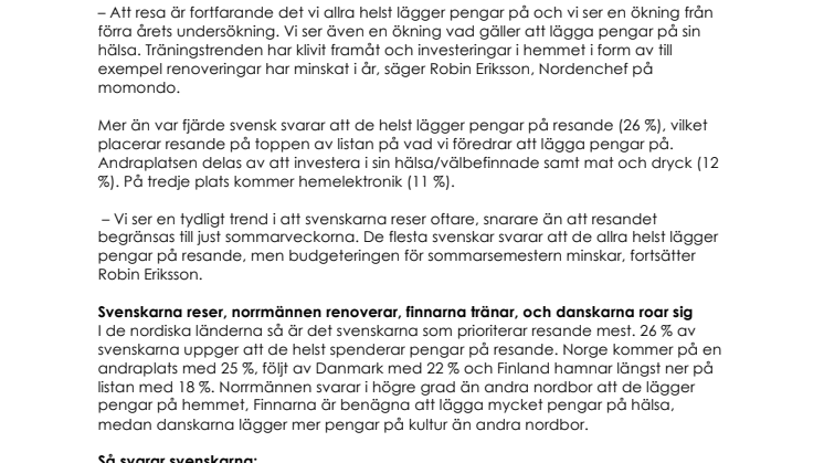 Svenskarna lägger helst pengar på att resa