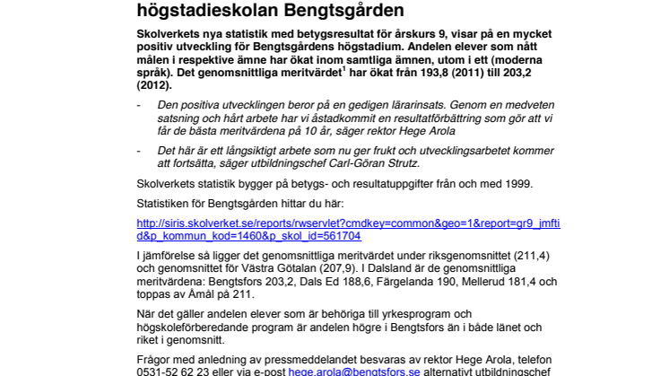 Ny statistik visar positiv utveckling för högstadieskolan Bengtsgården