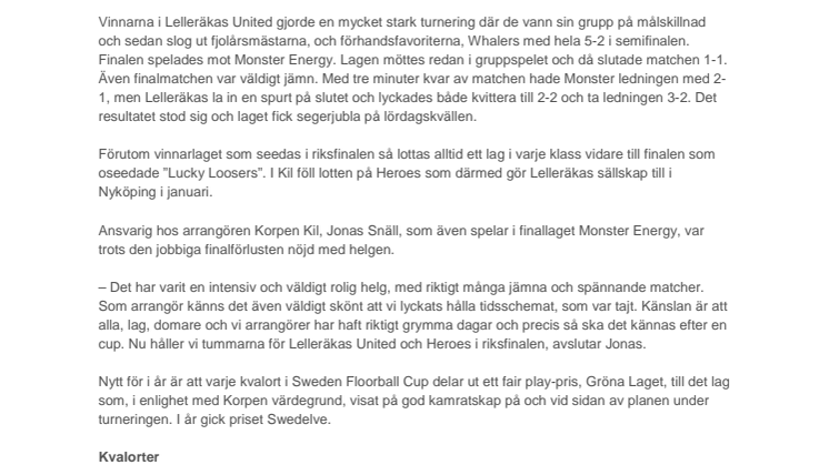 Seger för Lelleräkas United i Korpen Kils kval i Sweden Floorball Cup