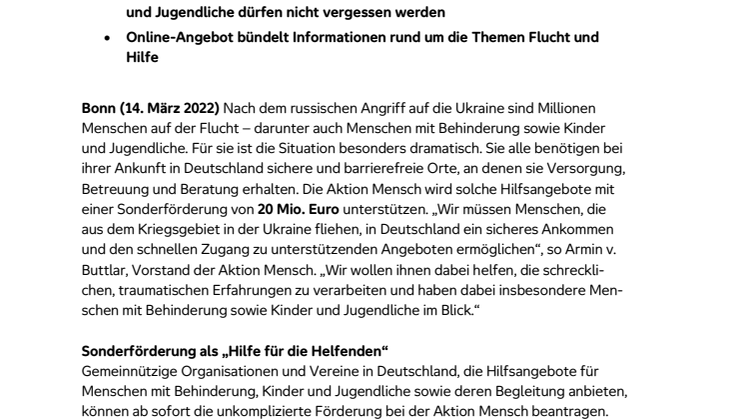 Aktion Mensch stellt Ukraine-Sonderförderung bereit