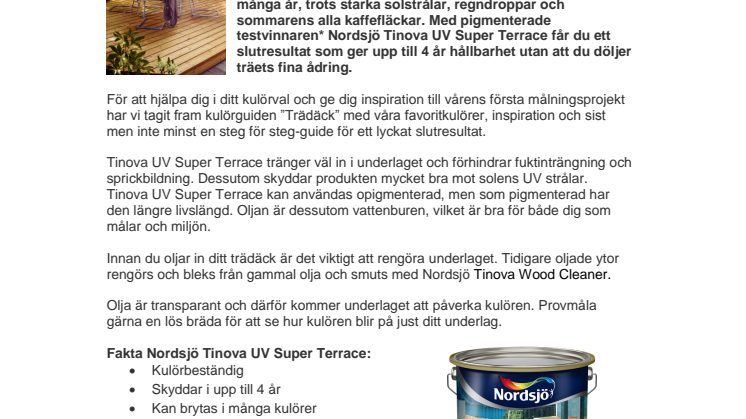 Ge trädäcket en ny vårklädsel med testvinnaren Nordsjö Tinova UV Super Terrace