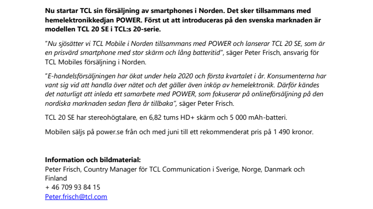 TCL inleder samarbete med hemelektronikkedjan POWER och lanserar mobilen TCL 20 SE