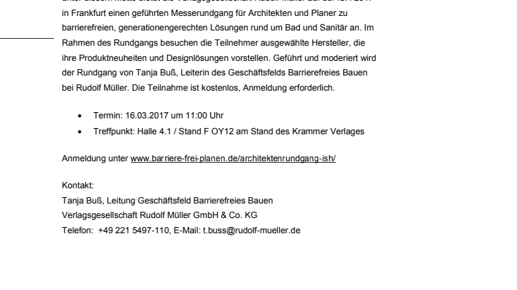 ISH 2017: Barrierefreies, generationengerechtes Bad – Geführter Messerundgang für Architekten und Planer