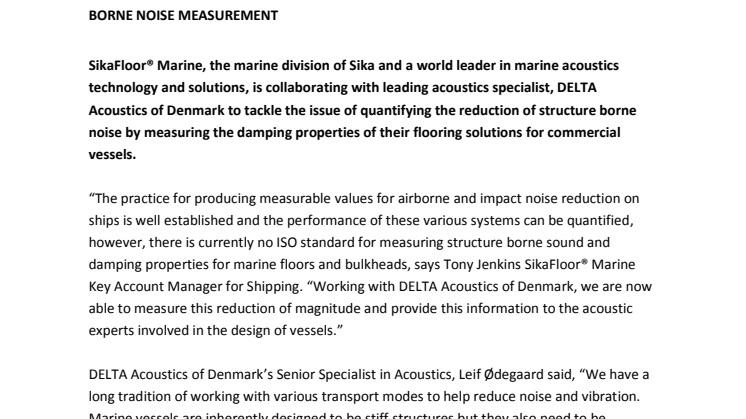 Sika UK: Sika Collaborates with Delta Acoustics of Denmark to Tackle Structure Borne Noise Measurement