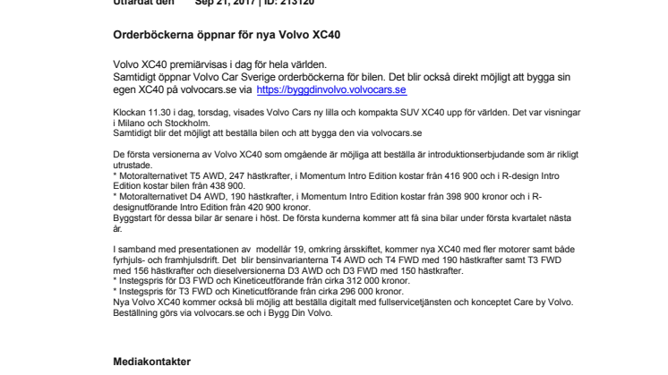 Orderböckerna öppnar för nya Volvo XC40