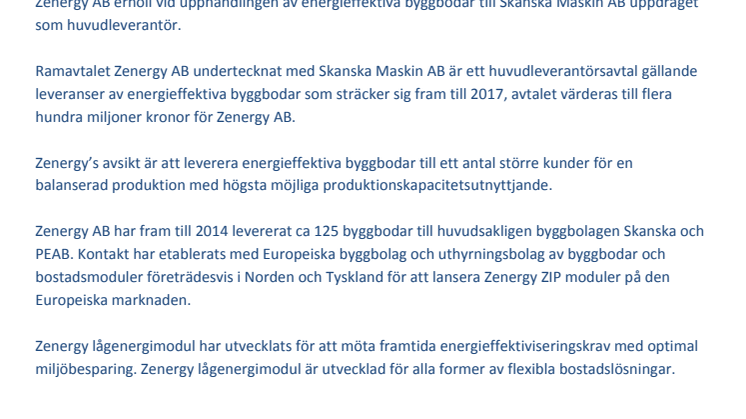 Zenergy AB blir huvudleverantör till Skanska Maskin AB