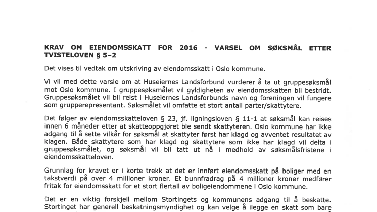 Prosessvarsel til Oslo kommune