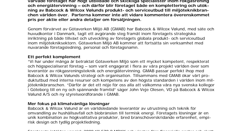Götaverken Miljö AB, förvärvat av Babcock & Wilcox Vølund A/S