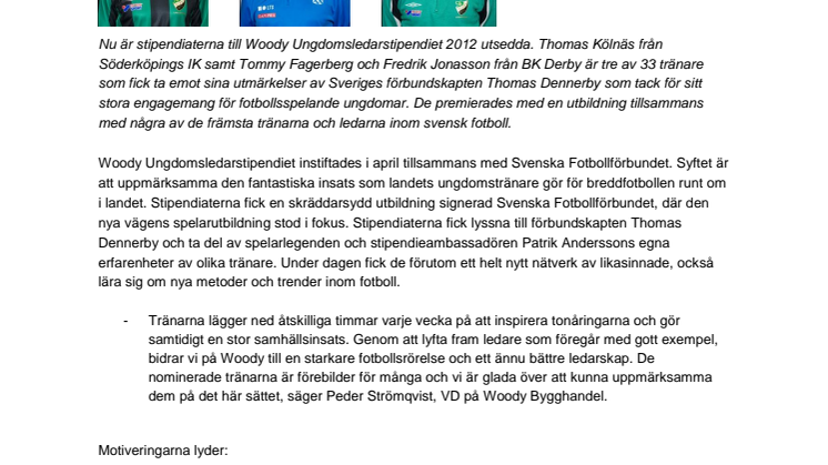 Tränare i BK Derby och Söderköpings IK får Woody Ungdomsledarstipendiet 2012 