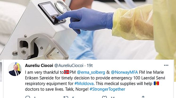 Regjeringen har denne uken annonsert at Norge donerer 300 nødventilatorer til Moldova, Kosovo og Nord-Makedonia. Hvert av de tre landene vil motta 100 enheter, som blir sendt i løpet av kort tid. 