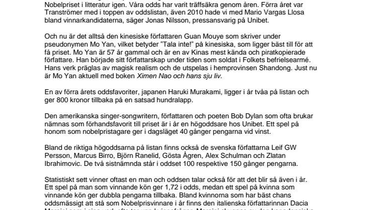 Mo Yan oddsfavorit till Nobelpriset i litteratur