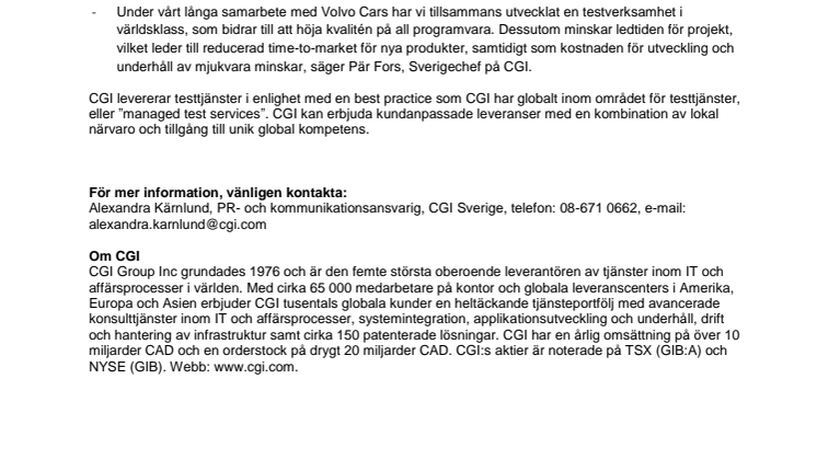 CGI i samarbete med Volvo Cars kring leverans av testtjänster för ökad kvalitet och effektivitet