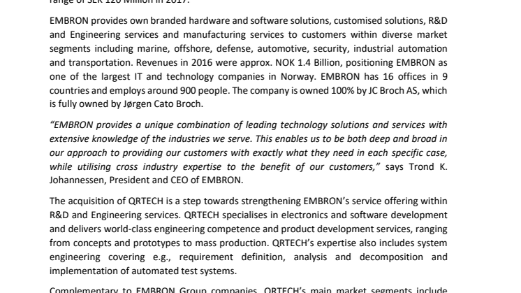 Hatteland Display: EMBRON Group acquires Swedish electronics and software developer QRTECH