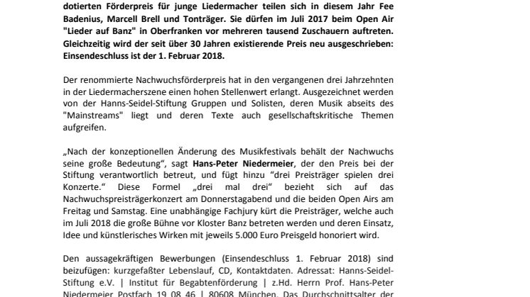 „Lieder auf Banz“ – Nachwuchs meets Songwriter Elite Ausschreibung: Preis mit insgesamt 15.000 Euro dotiert