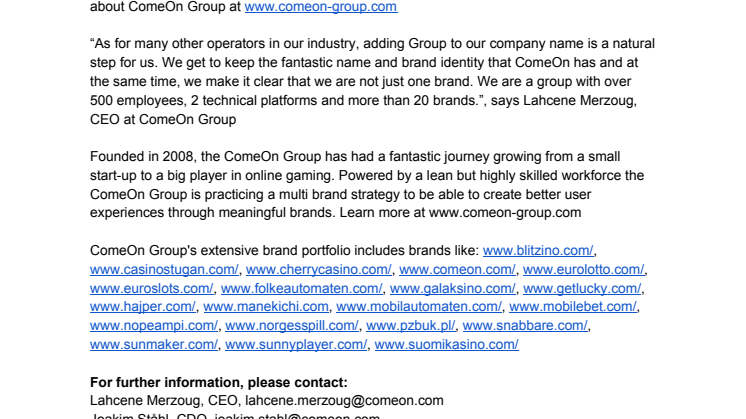 ComeOn changes name to ComeOn Group