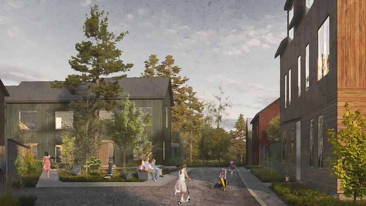 I morgon på byggnadsnämnden väntas bland annat beslut om granskning för detaljplanen för Fredriksdal. Planen visar hur Gäddeholm kan växa med nya bostäder och verksamheter i olika former. Illustration: Archus/AL studio.
