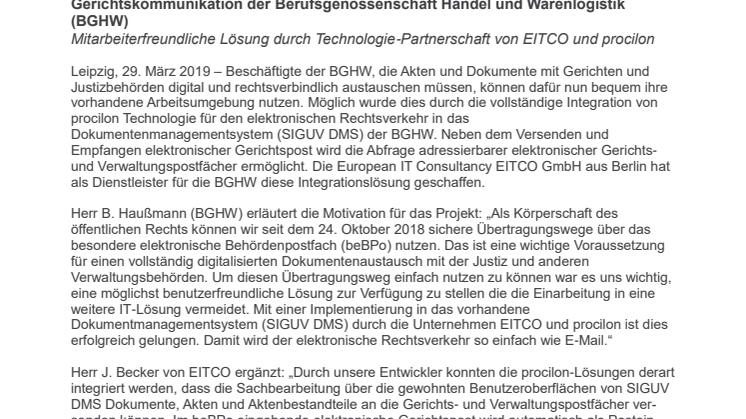 Das besondere elektronische Behördenpostfach (beBPo) erleichtert die Gerichtskommunikation der Berufsgenossenschaft Handel und Warenlogistik (BGHW)