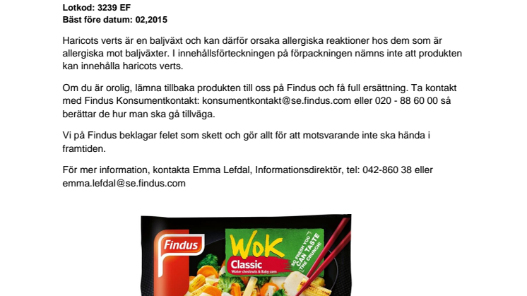 Produktåterkallelse av Findus Wok Classic storlek 500 g som kan innehålla haricots verts