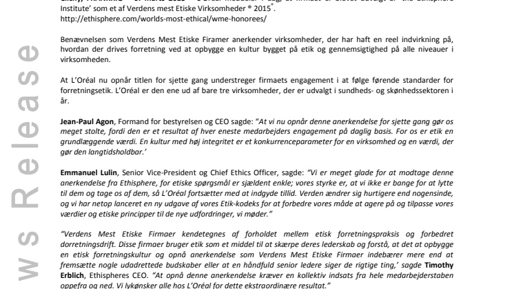 L'Oréal et af Verdens Mest Etiske Firmaer: udvalgt for sjette gang af The Ethisphere Institute