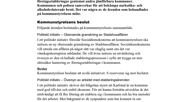 Kommunstyrelsen i korthet den 21 januari