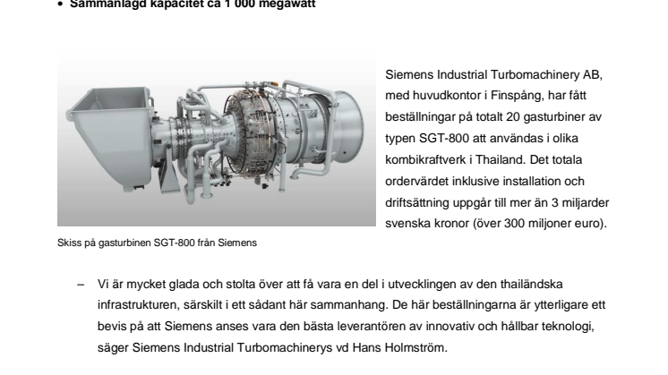 Siemens tecknar miljardavtal om  20 gasturbiner från Finspång till Thailand