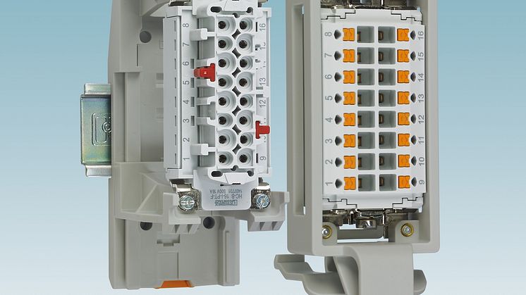 Plastic DIN rail mounting frames for pre-assembled contact inserts