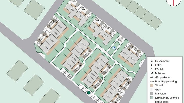 Kvartersskiss som visar hur bostäderna placeras i förhållande till gator och grönområden. 