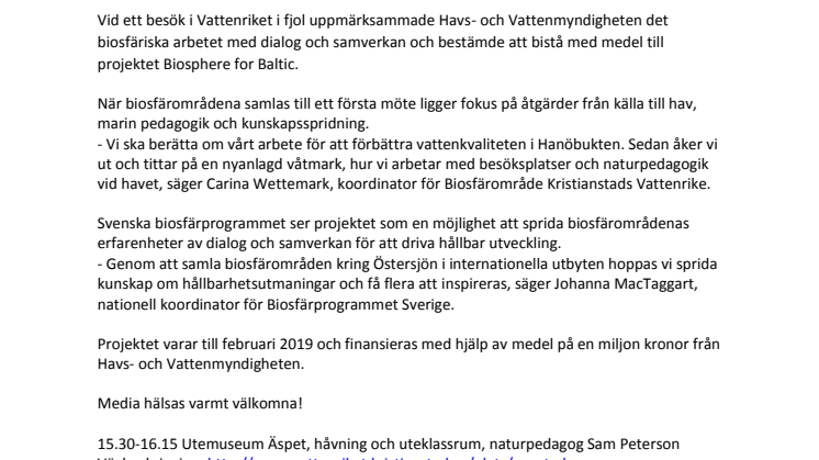 Pressinbjudan: Upptakt för projekt Biosphere for Baltic - Biosfärområden runt Östersjön träffas i Vattenriket