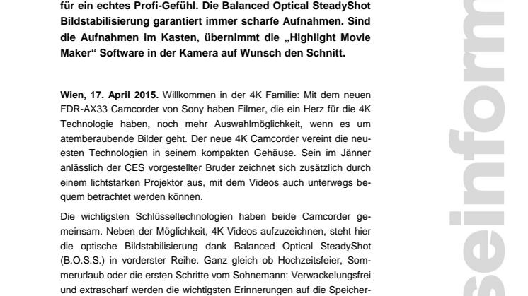 Camcorder FDR-AX33: Einstieg in die 4K Technologie