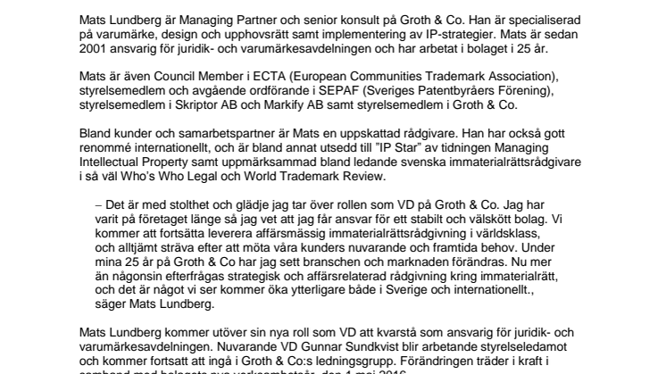 Mats Lundberg ny VD på Groth & Co