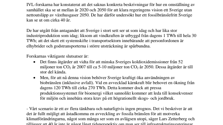 Sverige kan minska koldioxidutsläppen med 90 procent till år 2050
