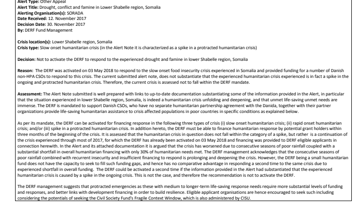Alert Note:  Drought, conflict and famine in Lower Shabelle region, Somalia (17-015-SP) (Not Activated)