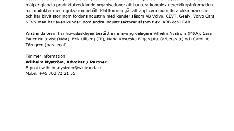 ​Wistrand biträder vid försäljningen av Systemite