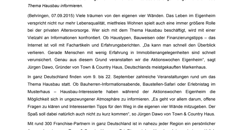 Endlich mietfrei – Aktionswochen Eigenheim sind gestartet