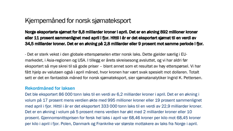 Kjempemåned for norsk sjømateksport