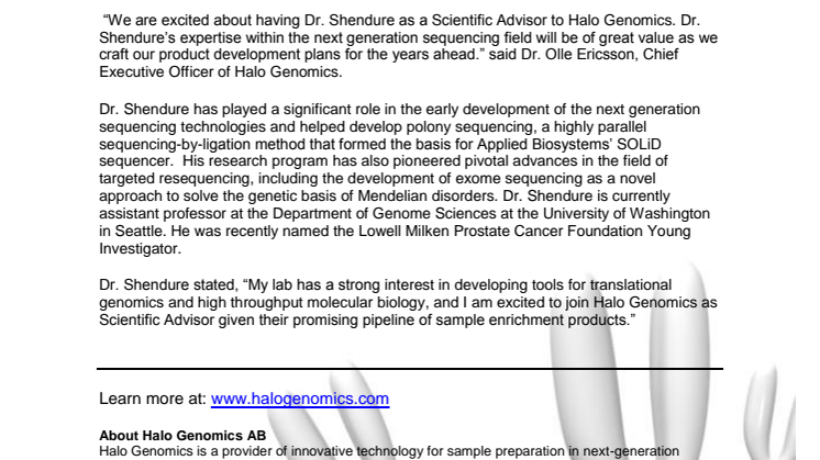 Jay Shendure, M.D. Ph.D. Joins Halo Genomics' Scientific Advisory Board