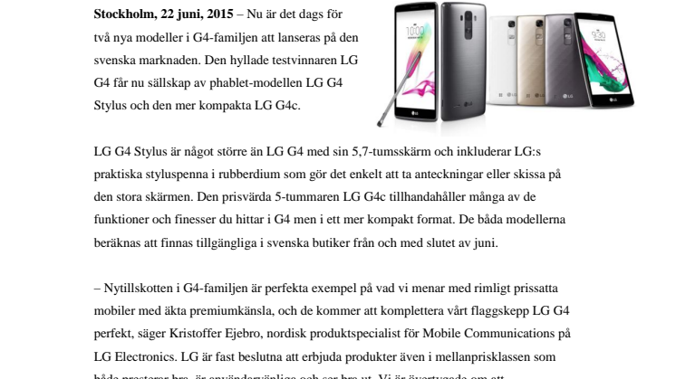 LG G4 STYLUS OCH LG G4C GÖR DEBUT PÅ DEN SVENSKA MARKNADEN 