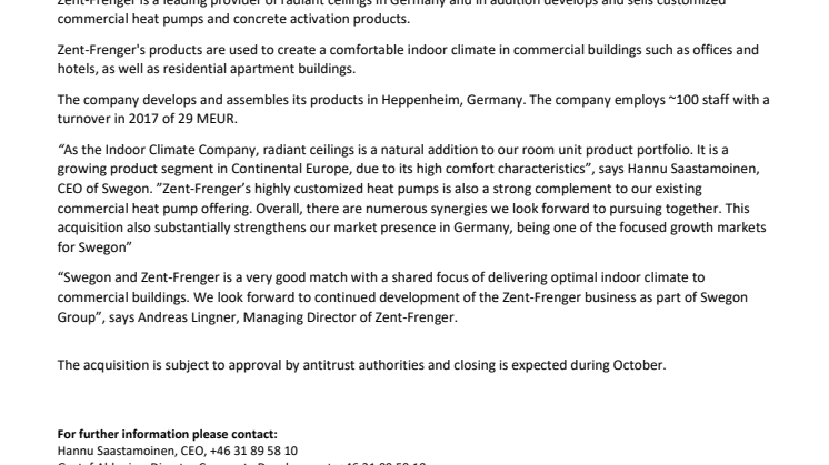 Swegon Group AB acquires leading provider of radiant ceilings
