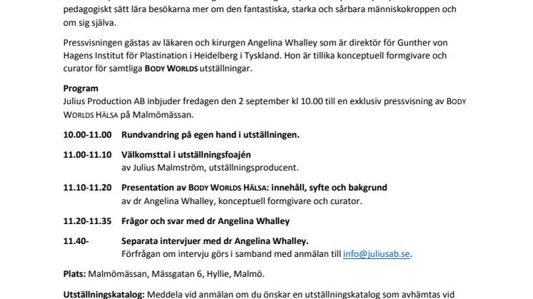 Pressvisning: BODY WORLDS HÄLSA  den 2/9 kl 10.00