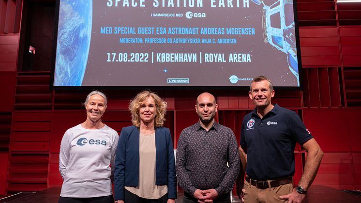 Pressemøde den 14. juni på SPACE STATION EARTH showet. Fra højre: ESA-astronaut Andreas Mogensen, komponist Ilan Eshkeri, Direktør i Videnskabsår22 Anja C. Andersen og ESA-repræsentant Rosita Suenson 