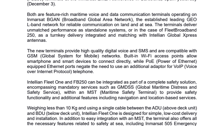 INTELLIAN SHOWCASES ALL NEW INMARSAT L BAND TERMINALS, FLEET ONE AND FB250
