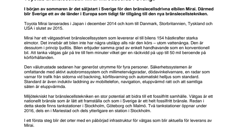 Toyotas bränslecellsbil Mirai introduceras i Sverige