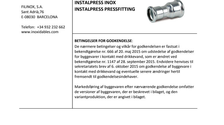 CERTIFIKAT - Godkendt til drikkevand -Fittings
