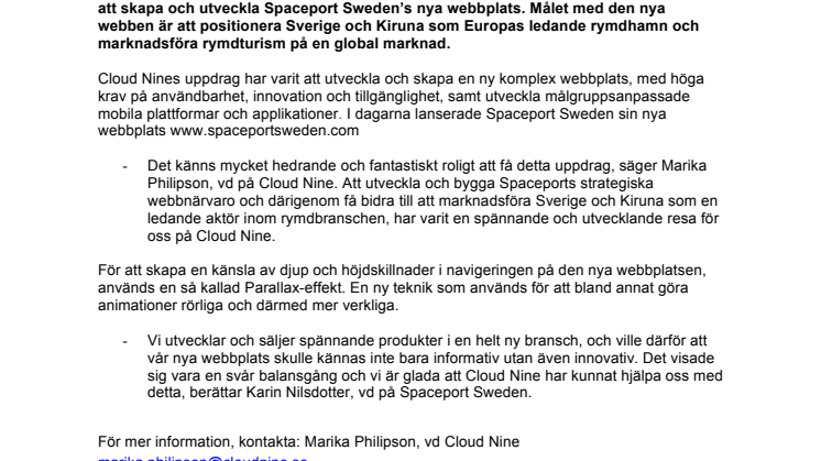 Spaceport Sweden’s webb lanseras av Cloud Nine