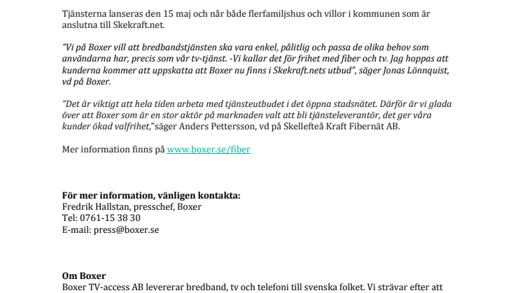 Boxer tjänsteleverantör i Skellefteå Kraft Fibernäts öppna stadsnät, Skekraft.net