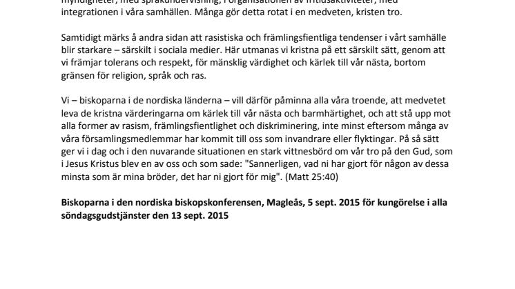 Herdabrev av de nordiska katolska biskoparna om den aktuella flyktingsituationen