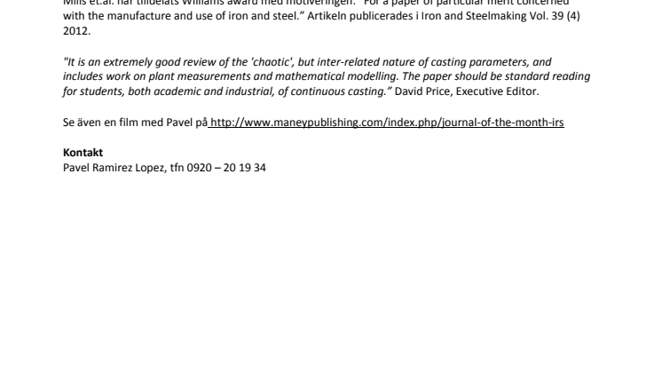 Williams award 2013 – pris för publicerad artikel ”of particular merit” till Pavel Ramirez Lopez, Swerea MEFOS