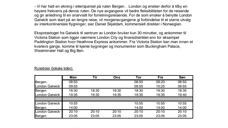 Norwegian øker mellom Bergen og London Gatwick