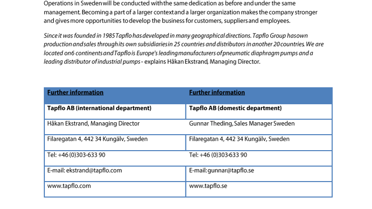 Temag Pumpar AB joins Tapflo Group