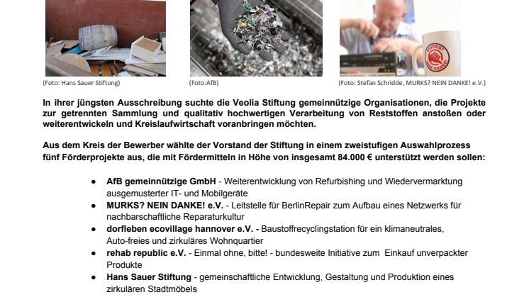 Veolia Stiftung unterstützt Projekte für Kreislaufwirtschaft